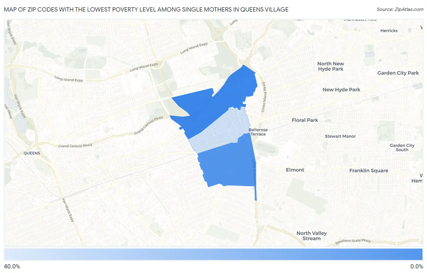 Zip Codes with the Lowest Poverty Level Among Single Mothers in Queens Village Map