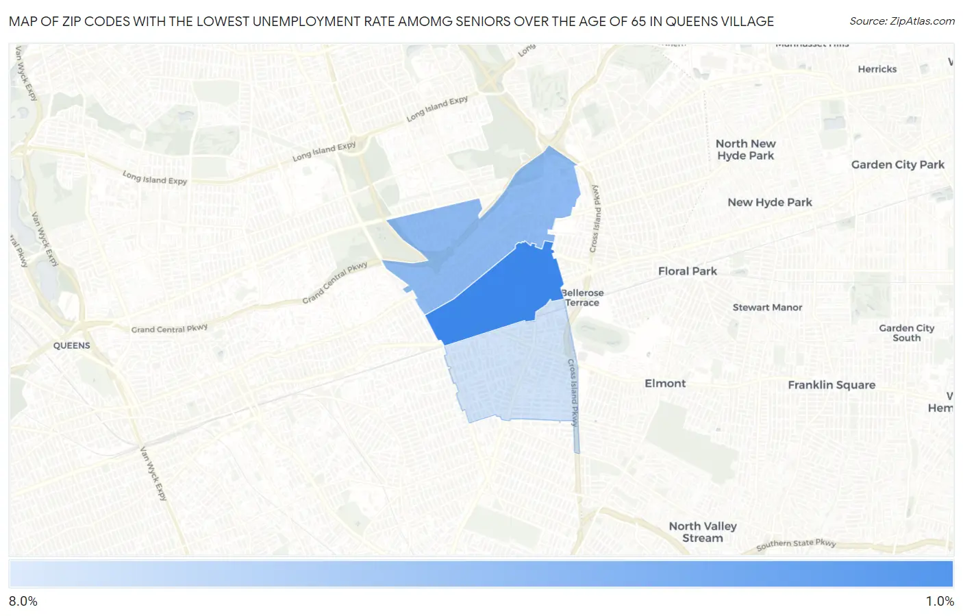 Zip Codes with the Lowest Unemployment Rate Amomg Seniors Over the Age of 65 in Queens Village Map