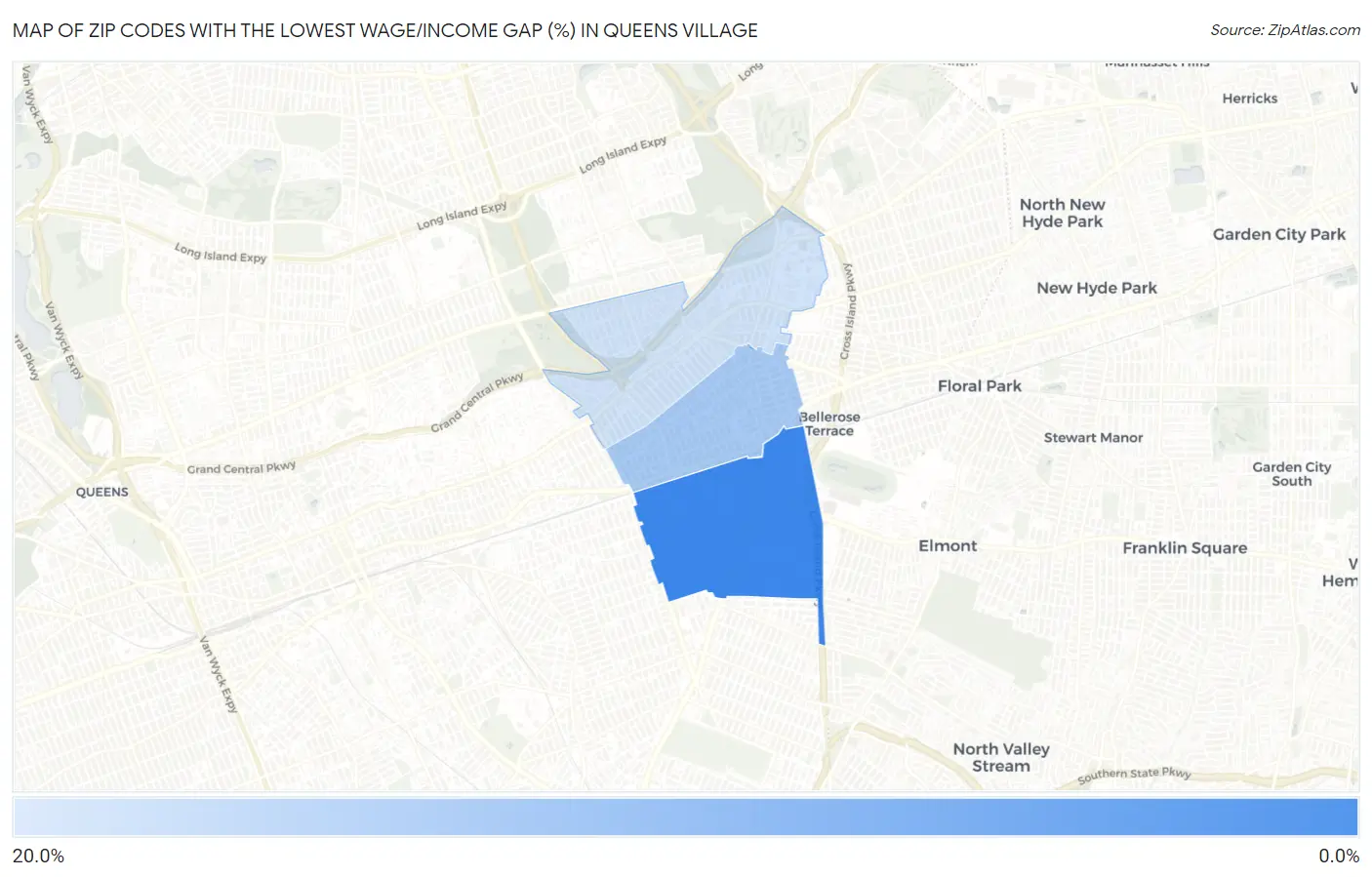 Zip Codes with the Lowest Wage/Income Gap (%) in Queens Village Map