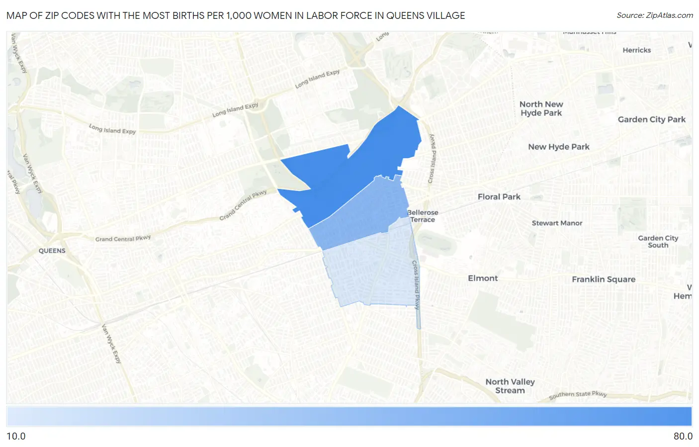Zip Codes with the Most Births per 1,000 Women in Labor Force in Queens Village Map