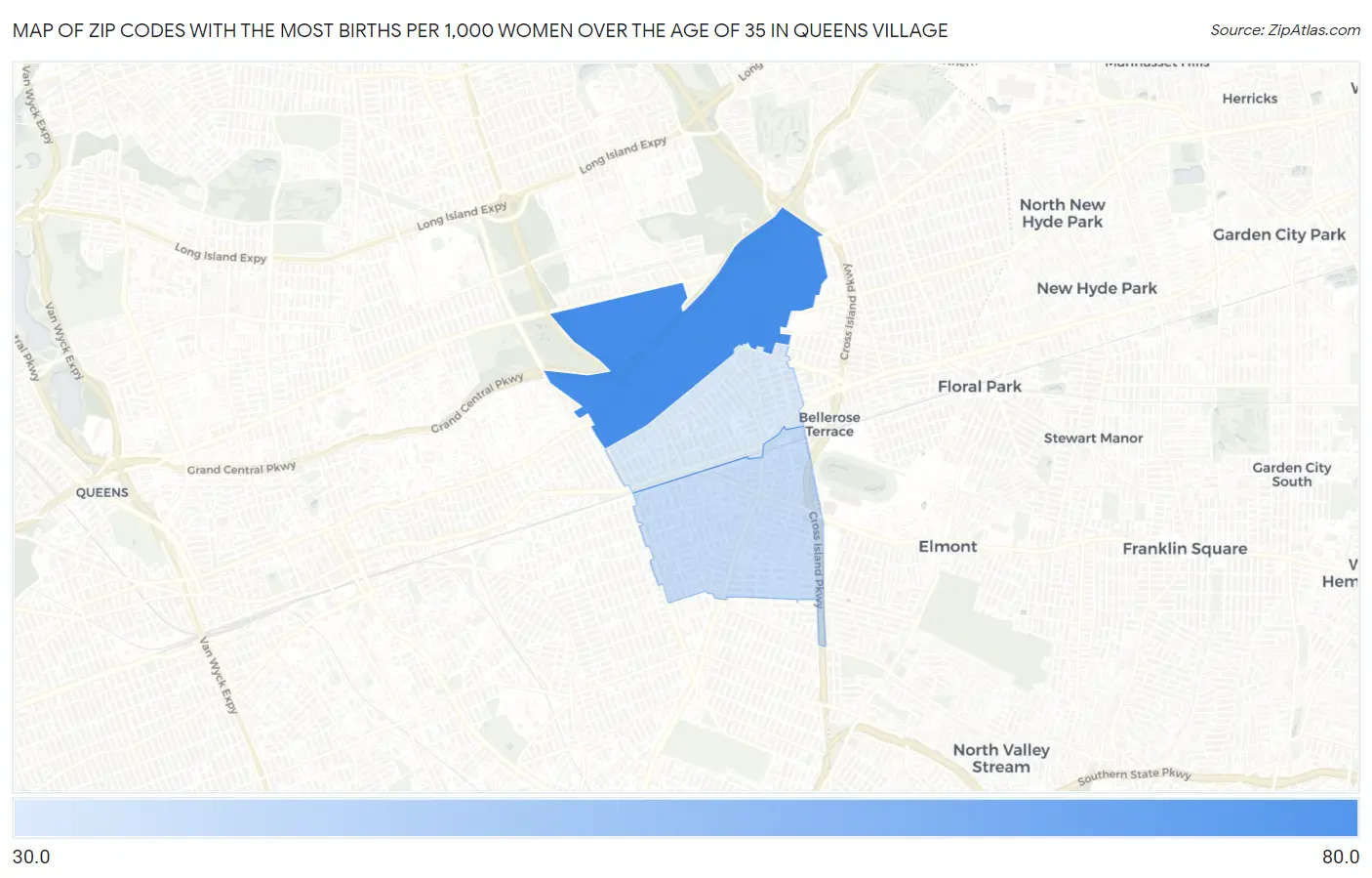 Zip Codes with the Most Births per 1,000 Women Over the Age of 35 in Queens Village Map