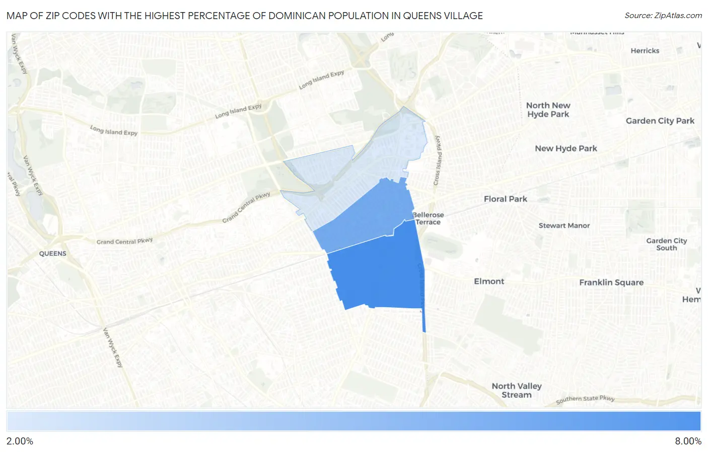 Zip Codes with the Highest Percentage of Dominican Population in Queens Village Map