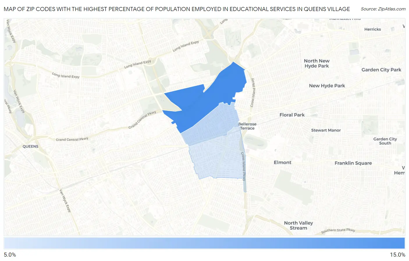 Zip Codes with the Highest Percentage of Population Employed in Educational Services in Queens Village Map