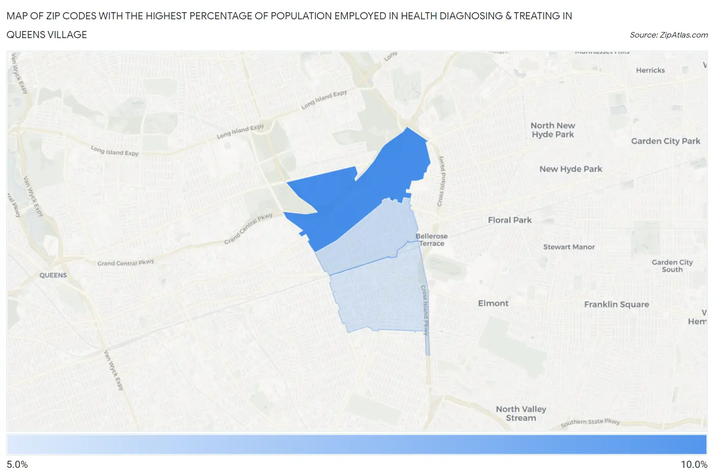 Zip Codes with the Highest Percentage of Population Employed in Health Diagnosing & Treating in Queens Village Map