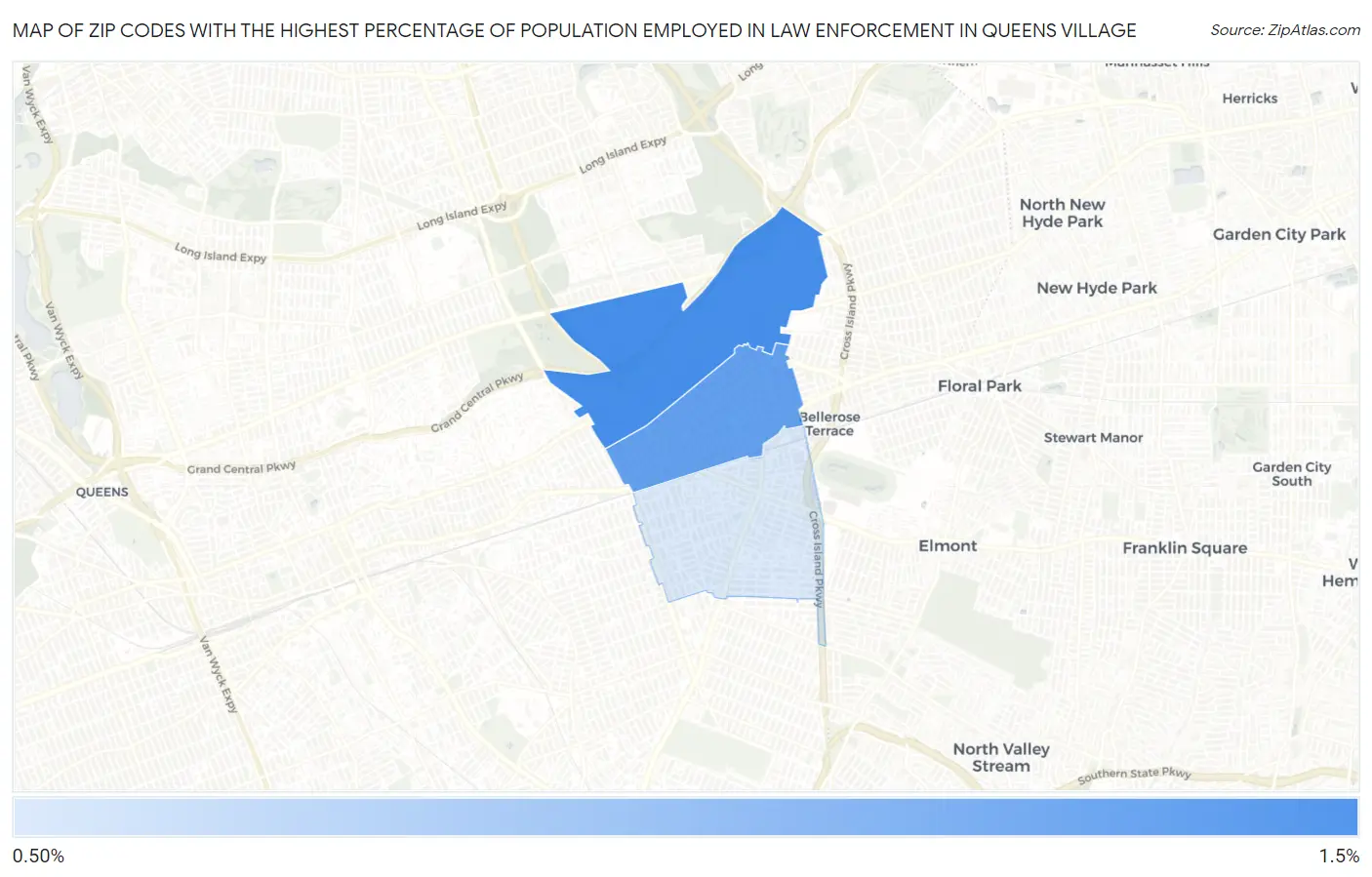 Zip Codes with the Highest Percentage of Population Employed in Law Enforcement in Queens Village Map