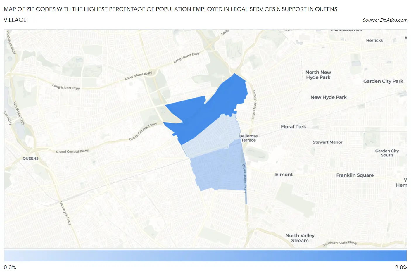 Zip Codes with the Highest Percentage of Population Employed in Legal Services & Support in Queens Village Map