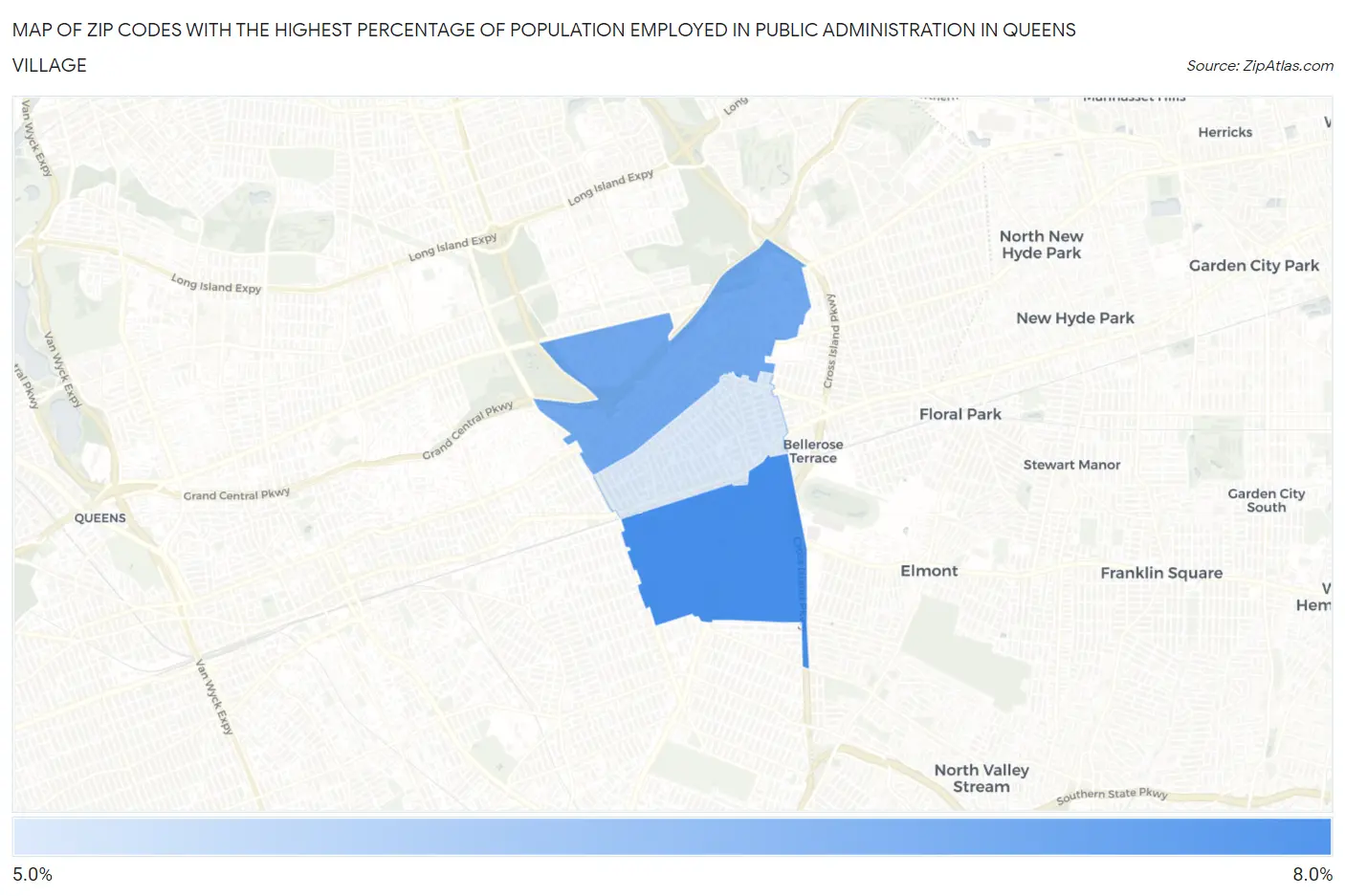 Zip Codes with the Highest Percentage of Population Employed in Public Administration in Queens Village Map