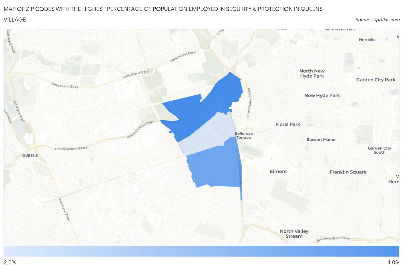 Zip Codes with the Highest Percentage of Population Employed in Security & Protection in Queens Village Map