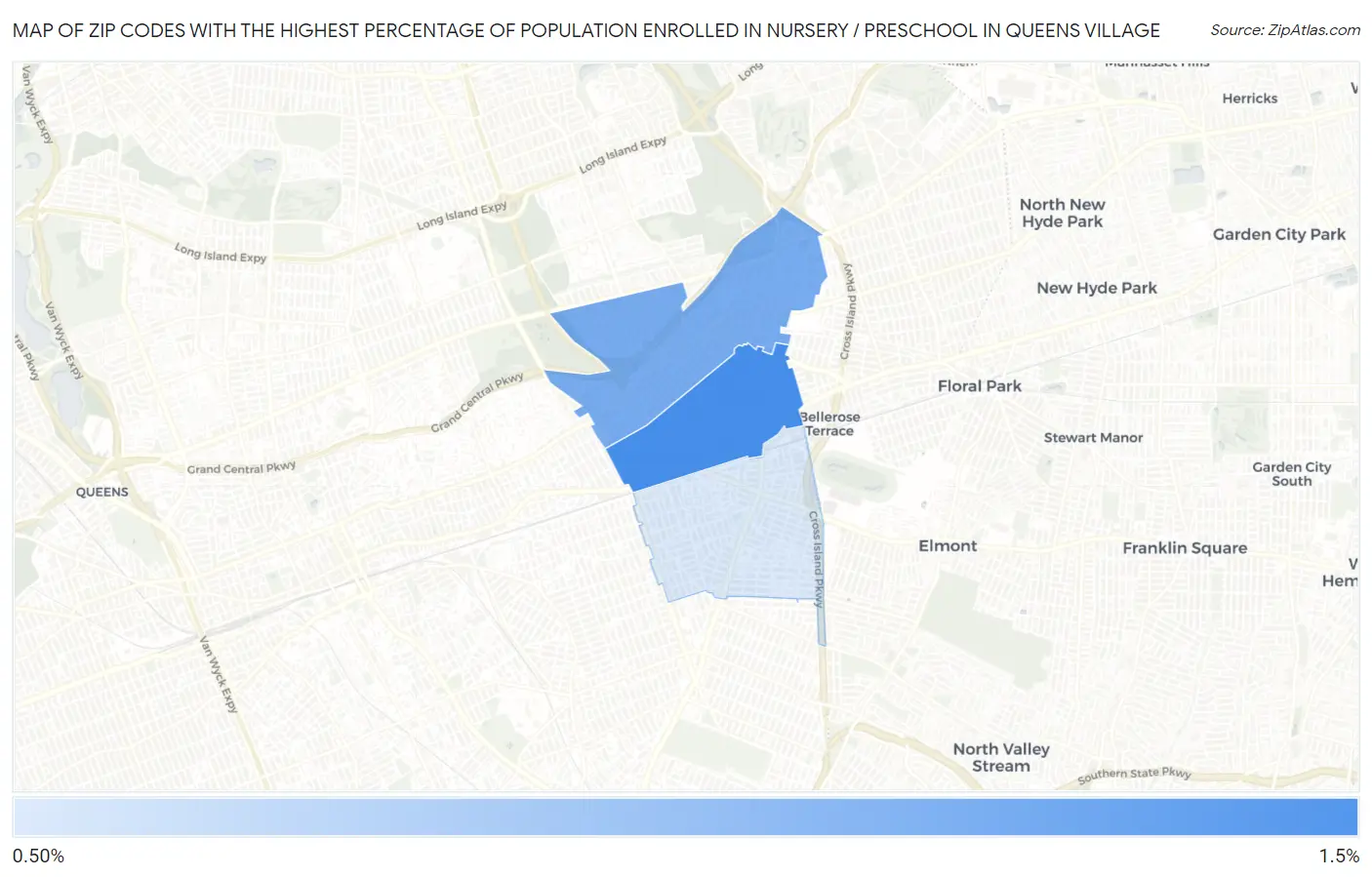 Zip Codes with the Highest Percentage of Population Enrolled in Nursery / Preschool in Queens Village Map
