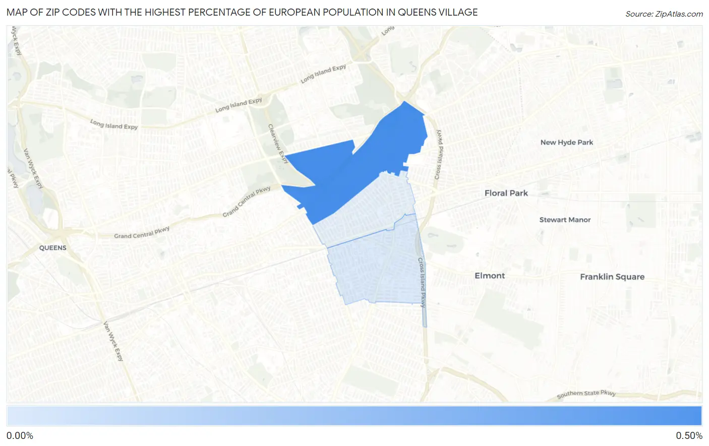 Zip Codes with the Highest Percentage of European Population in Queens Village Map