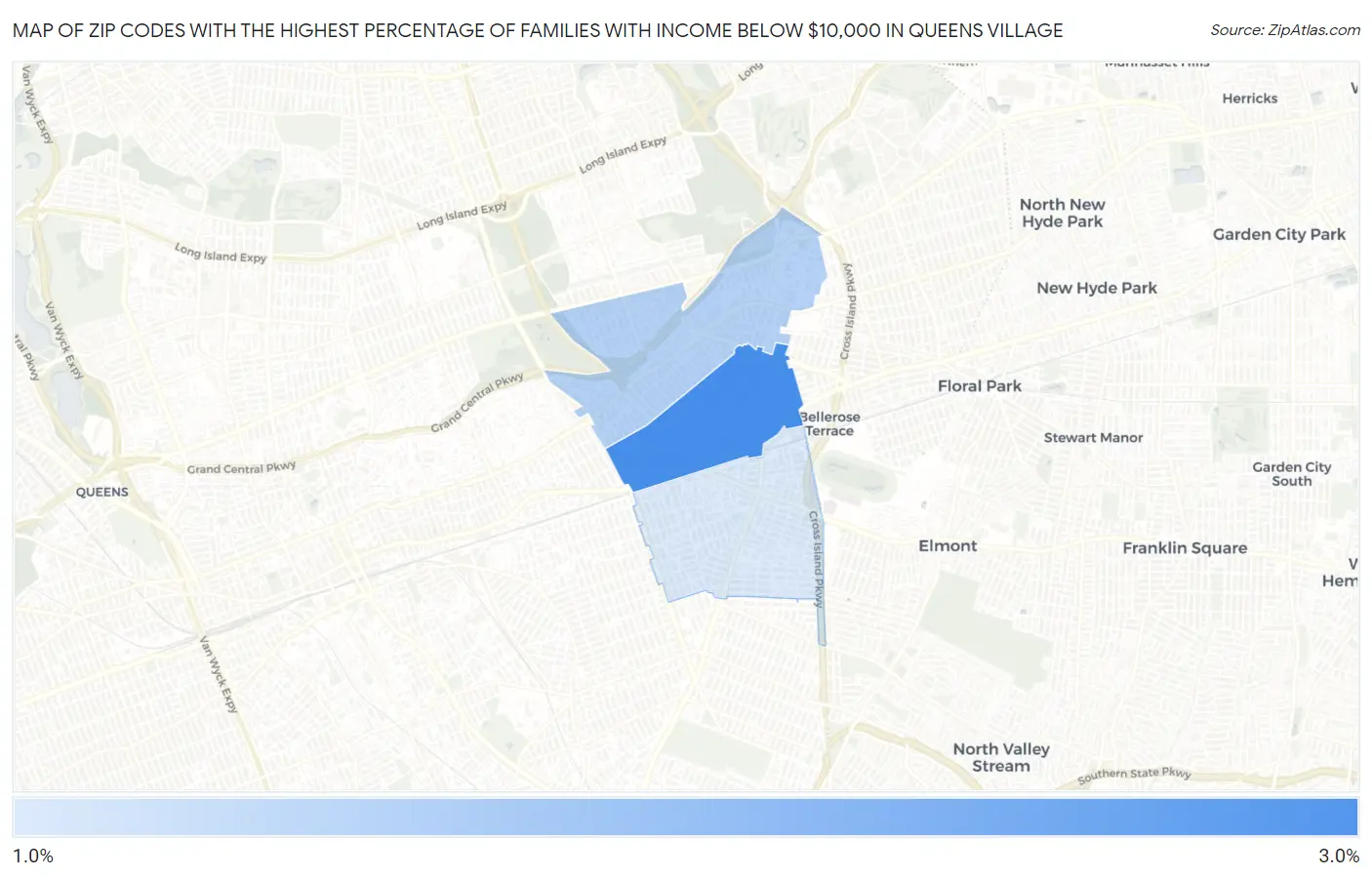 Zip Codes with the Highest Percentage of Families with Income Below $10,000 in Queens Village Map