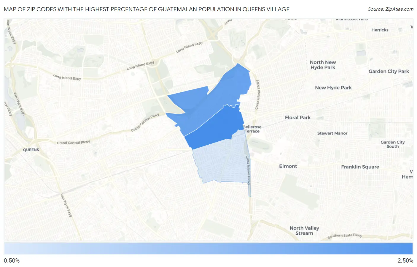 Zip Codes with the Highest Percentage of Guatemalan Population in Queens Village Map