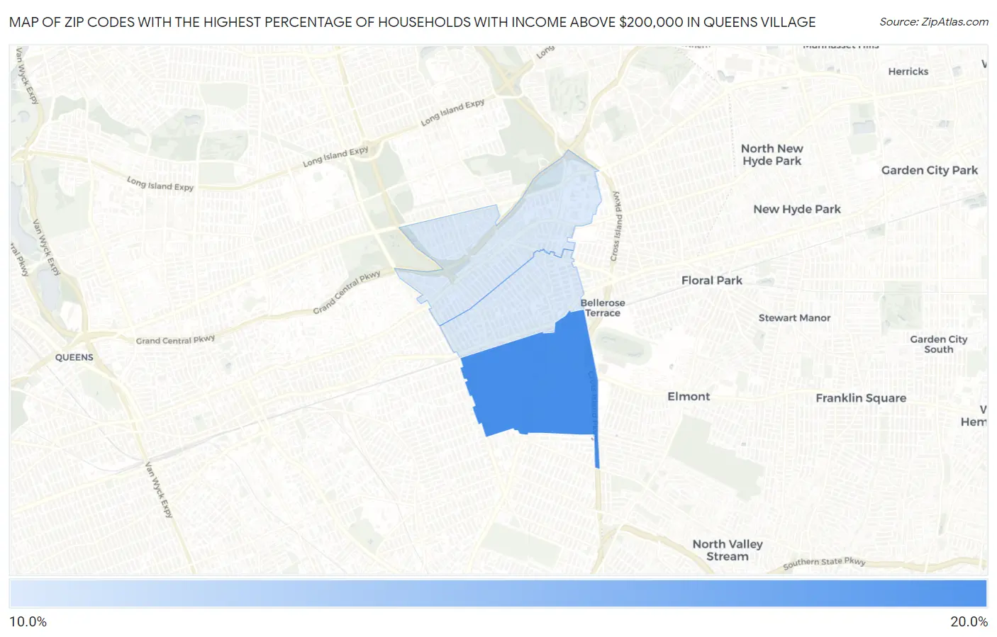 Zip Codes with the Highest Percentage of Households with Income Above $200,000 in Queens Village Map