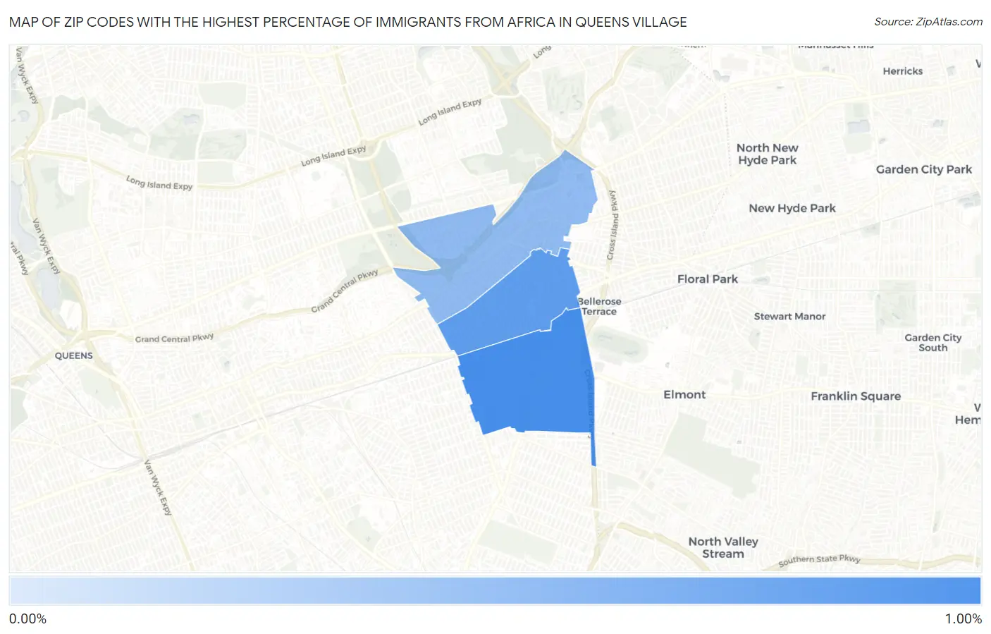 Zip Codes with the Highest Percentage of Immigrants from Africa in Queens Village Map