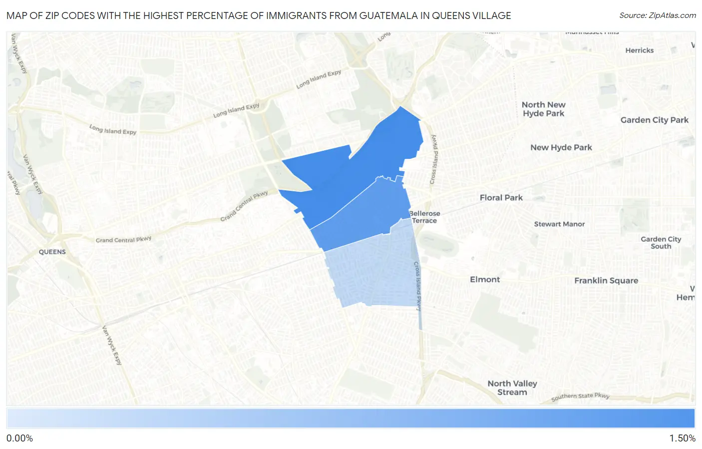 Zip Codes with the Highest Percentage of Immigrants from Guatemala in Queens Village Map