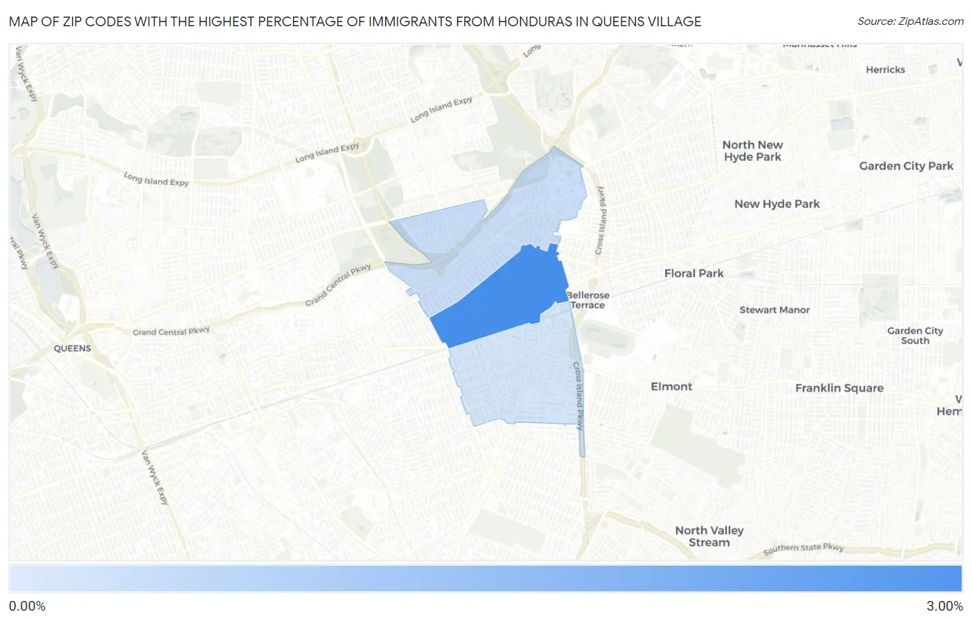 Zip Codes with the Highest Percentage of Immigrants from Honduras in Queens Village Map