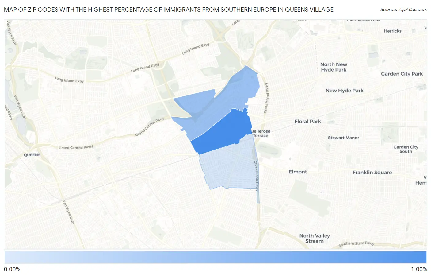 Zip Codes with the Highest Percentage of Immigrants from Southern Europe in Queens Village Map