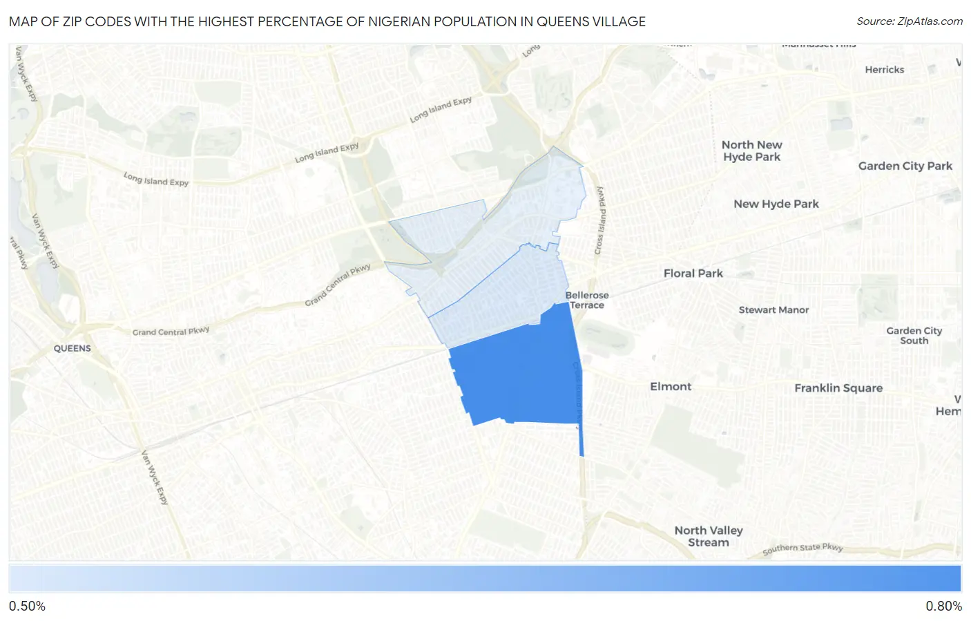Zip Codes with the Highest Percentage of Nigerian Population in Queens Village Map