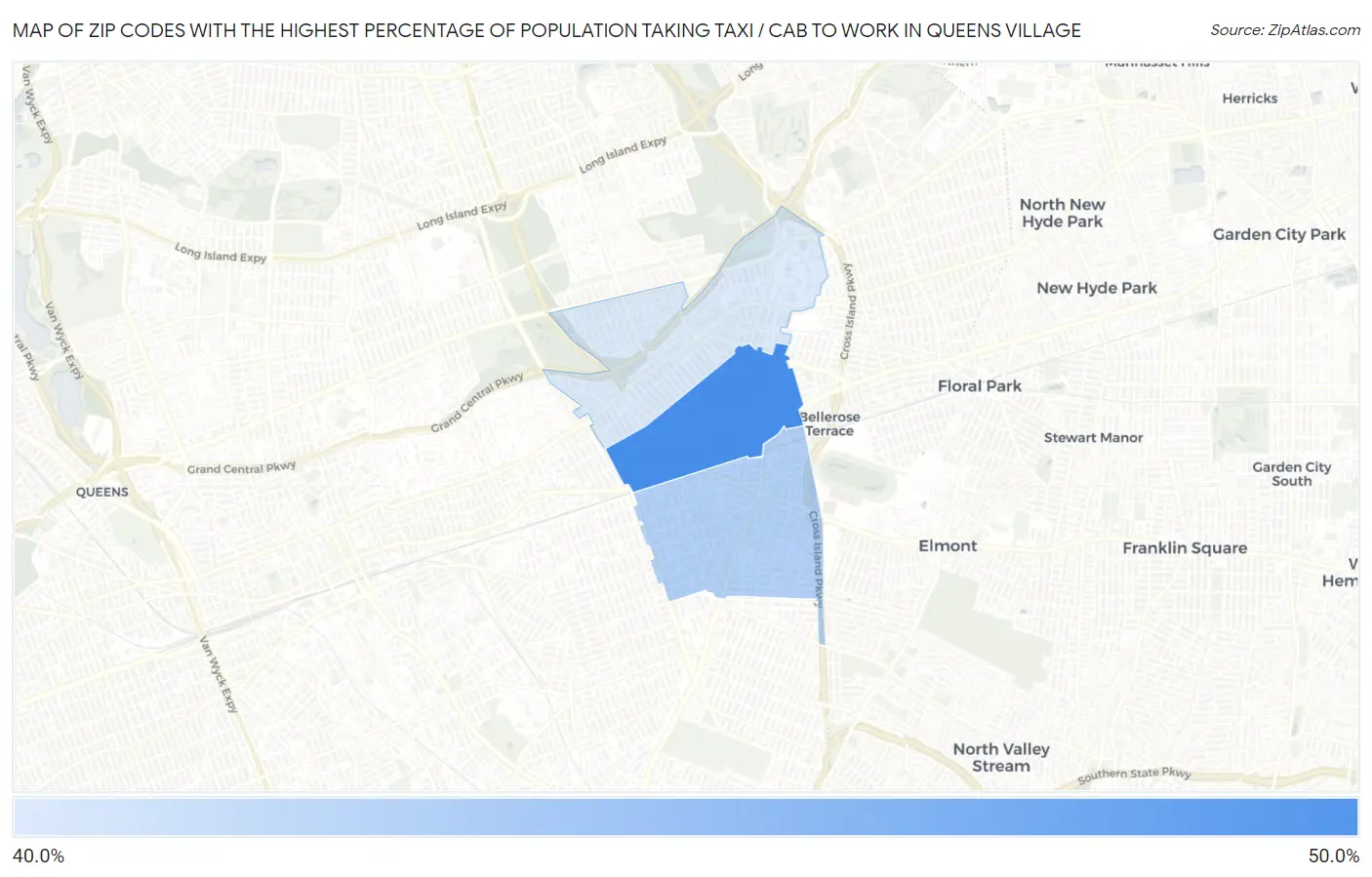 Zip Codes with the Highest Percentage of Population Taking Taxi / Cab to Work in Queens Village Map