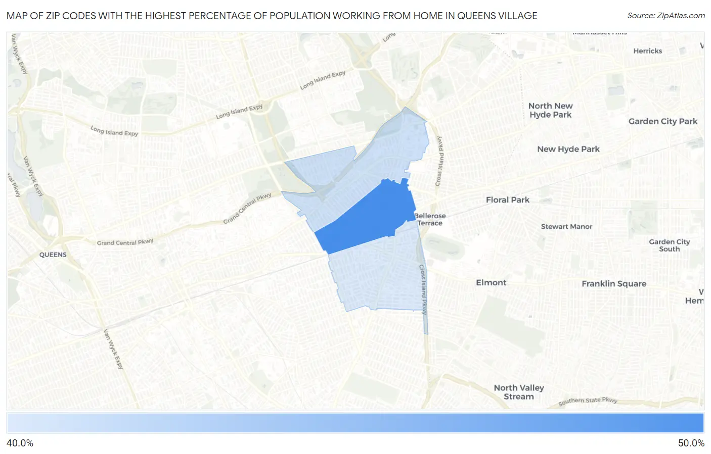 Zip Codes with the Highest Percentage of Population Working from Home in Queens Village Map