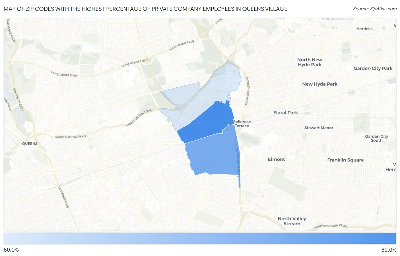 Zip Codes with the Highest Percentage of Private Company Employees in Queens Village Map