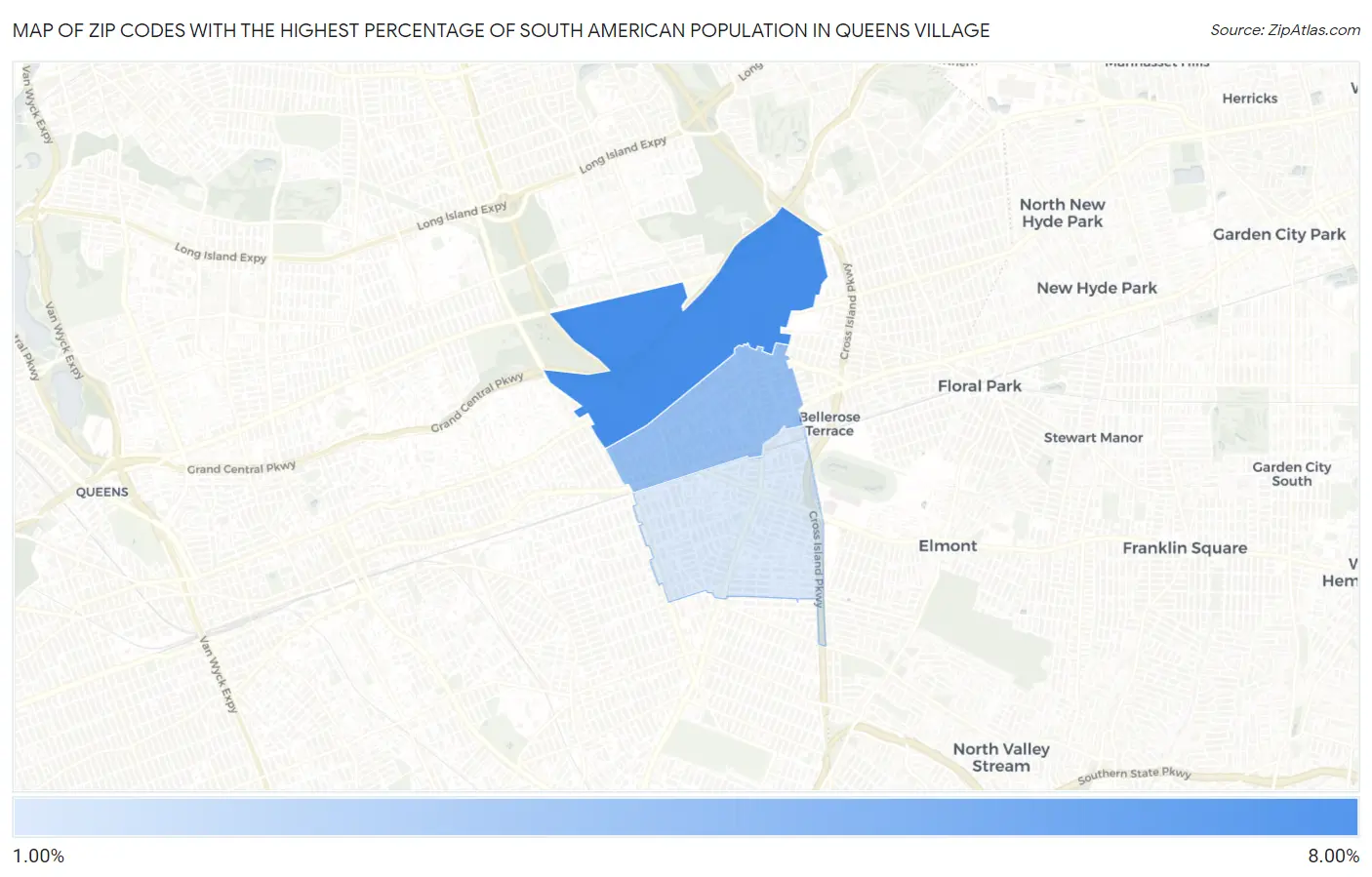 Zip Codes with the Highest Percentage of South American Population in Queens Village Map