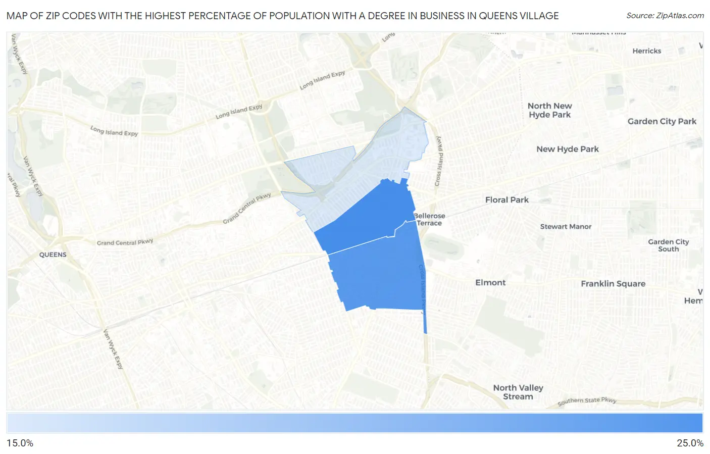Zip Codes with the Highest Percentage of Population with a Degree in Business in Queens Village Map