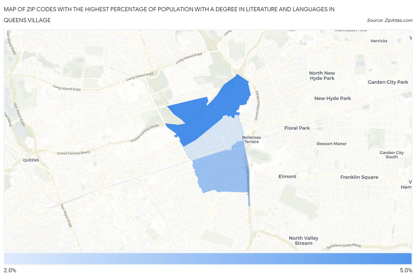 Zip Codes with the Highest Percentage of Population with a Degree in Literature and Languages in Queens Village Map