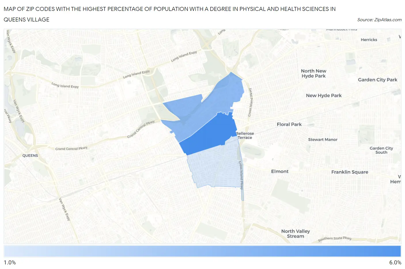 Zip Codes with the Highest Percentage of Population with a Degree in Physical and Health Sciences in Queens Village Map