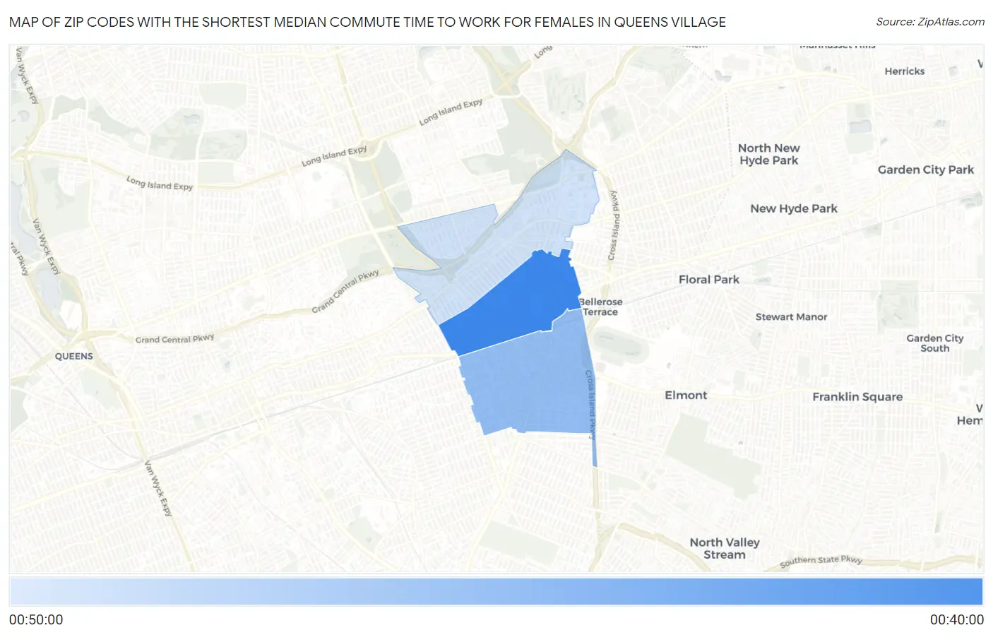 Zip Codes with the Shortest Median Commute Time to Work for Females in Queens Village Map