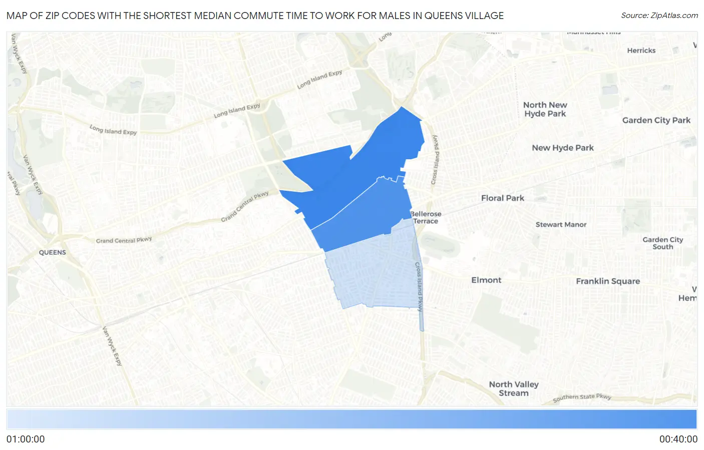 Zip Codes with the Shortest Median Commute Time to Work for Males in Queens Village Map