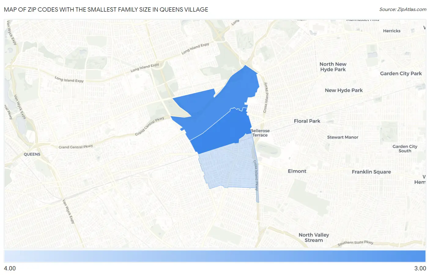 Zip Codes with the Smallest Family Size in Queens Village Map