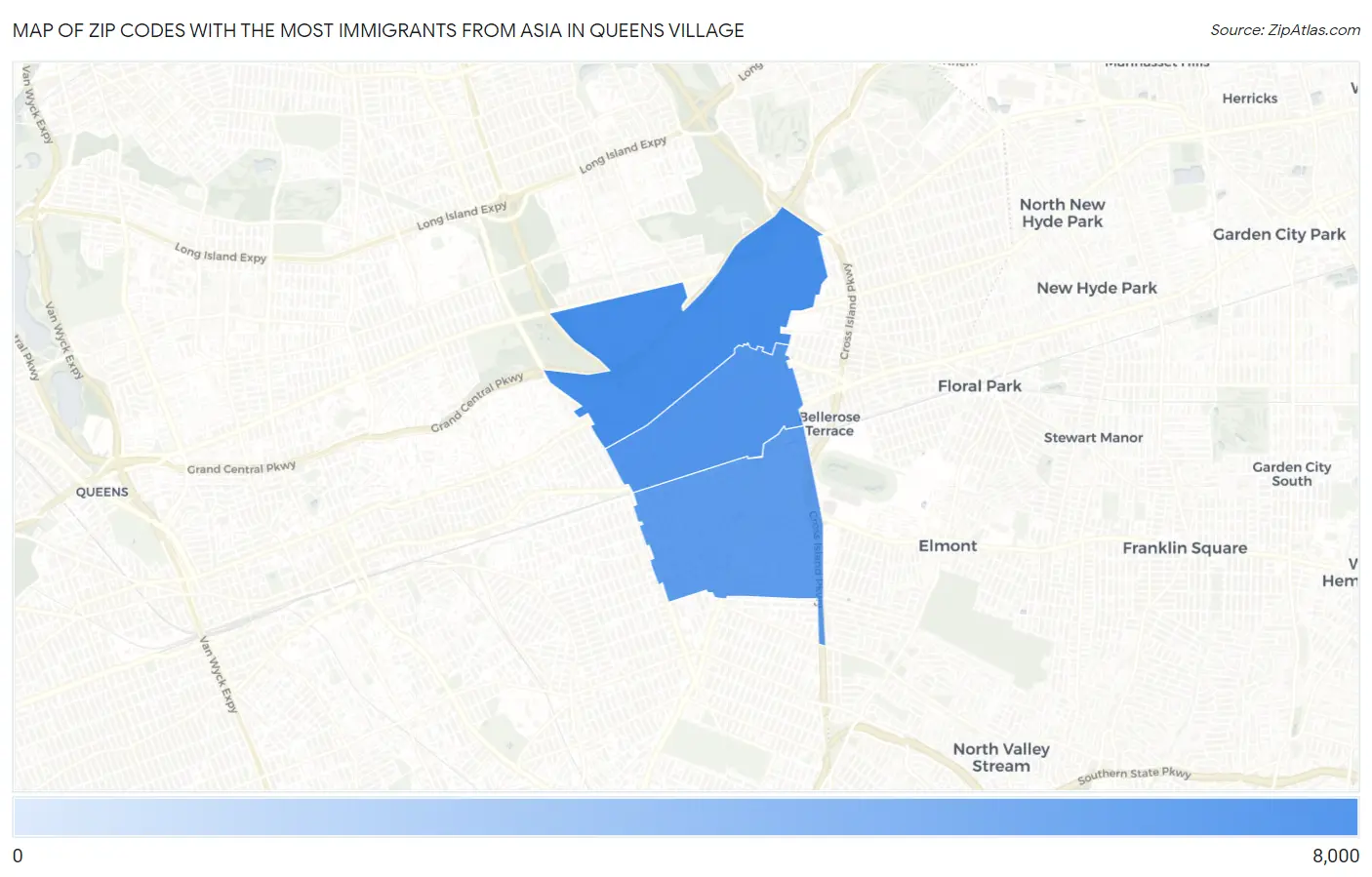Zip Codes with the Most Immigrants from Asia in Queens Village Map