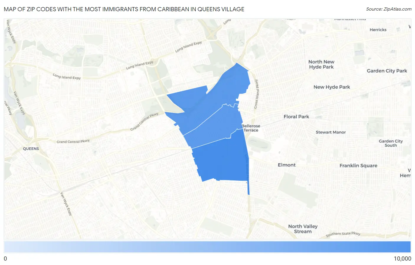 Zip Codes with the Most Immigrants from Caribbean in Queens Village Map