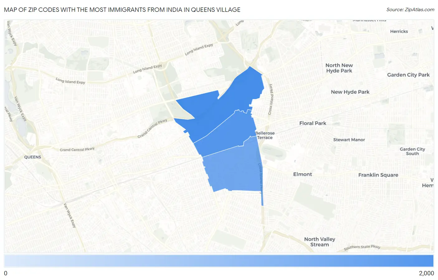 Zip Codes with the Most Immigrants from India in Queens Village Map