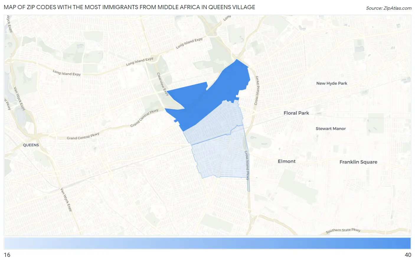 Zip Codes with the Most Immigrants from Middle Africa in Queens Village Map
