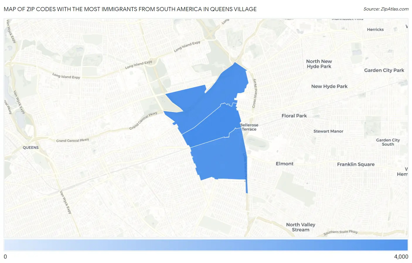 Zip Codes with the Most Immigrants from South America in Queens Village Map