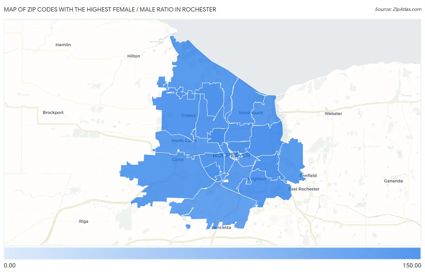 Zip Codes with the Highest Female / Male Ratio in Rochester Map