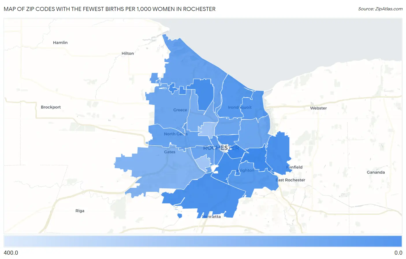 Zip Codes with the Fewest Births per 1,000 Women in Rochester Map