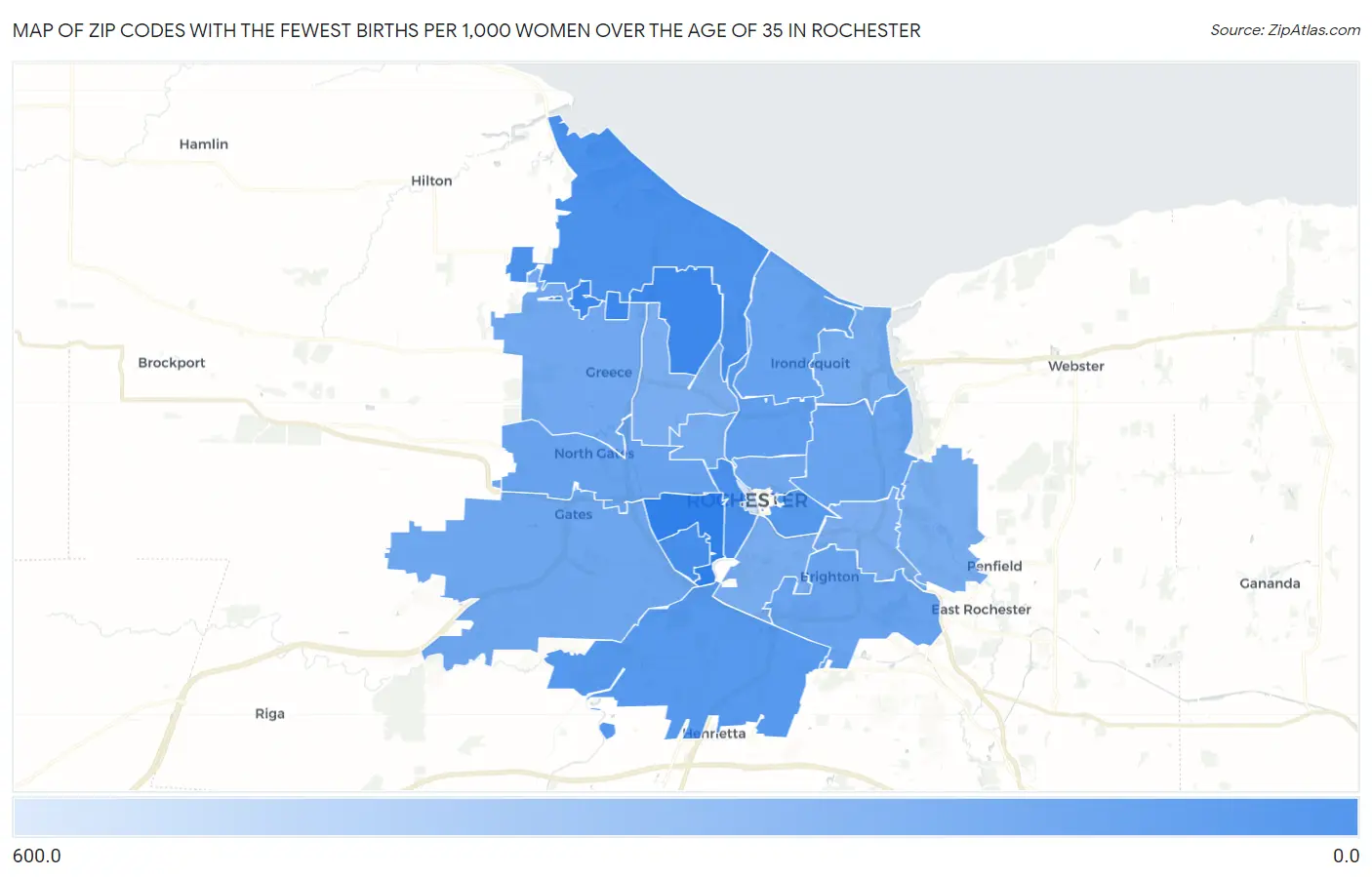 Zip Codes with the Fewest Births per 1,000 Women Over the Age of 35 in Rochester Map