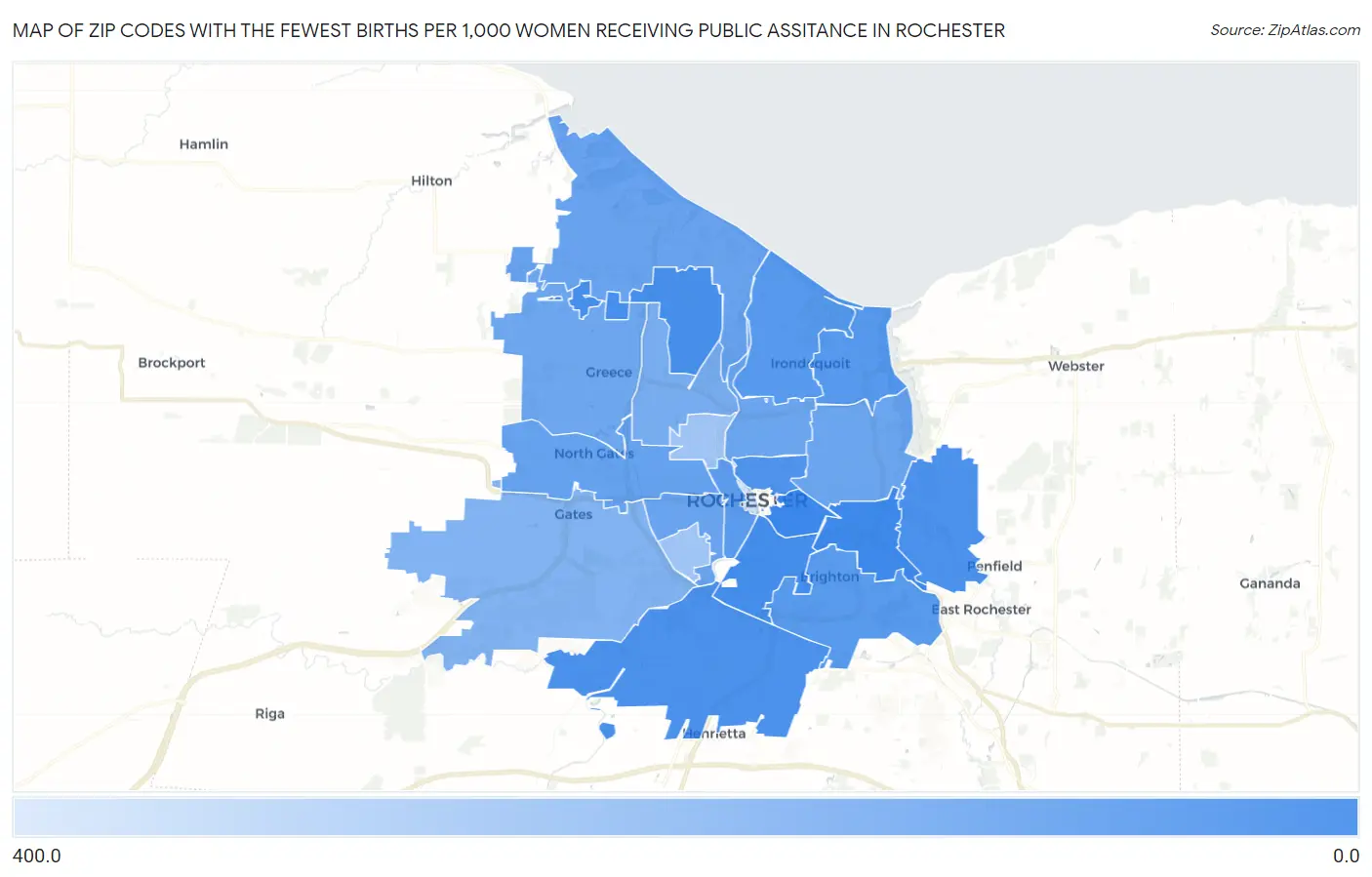 Zip Codes with the Fewest Births per 1,000 Women Receiving Public Assitance in Rochester Map