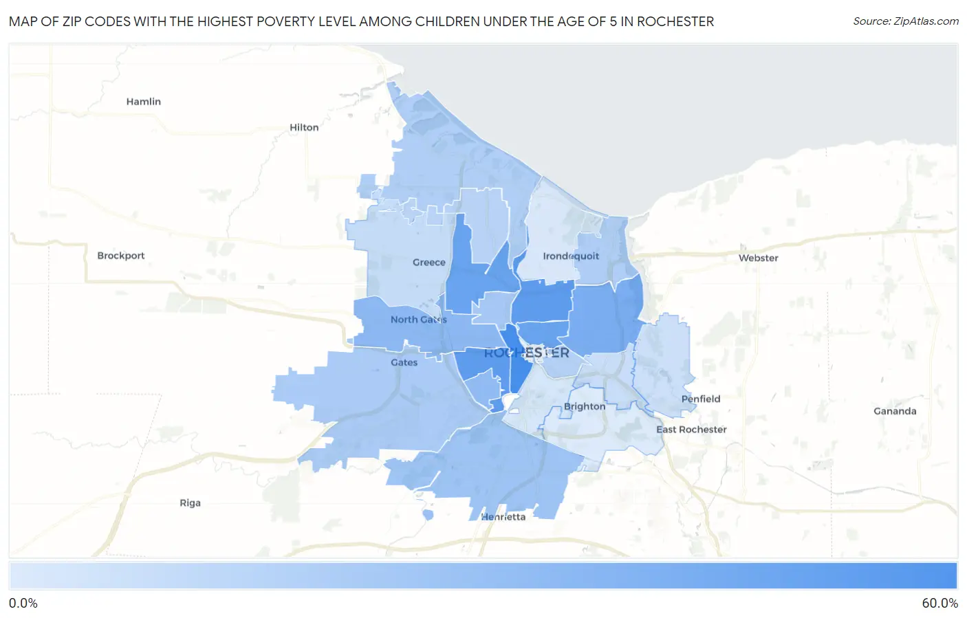 Zip Codes with the Highest Poverty Level Among Children Under the Age of 5 in Rochester Map