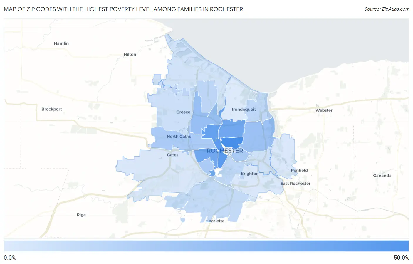 Zip Codes with the Highest Poverty Level Among Families in Rochester Map