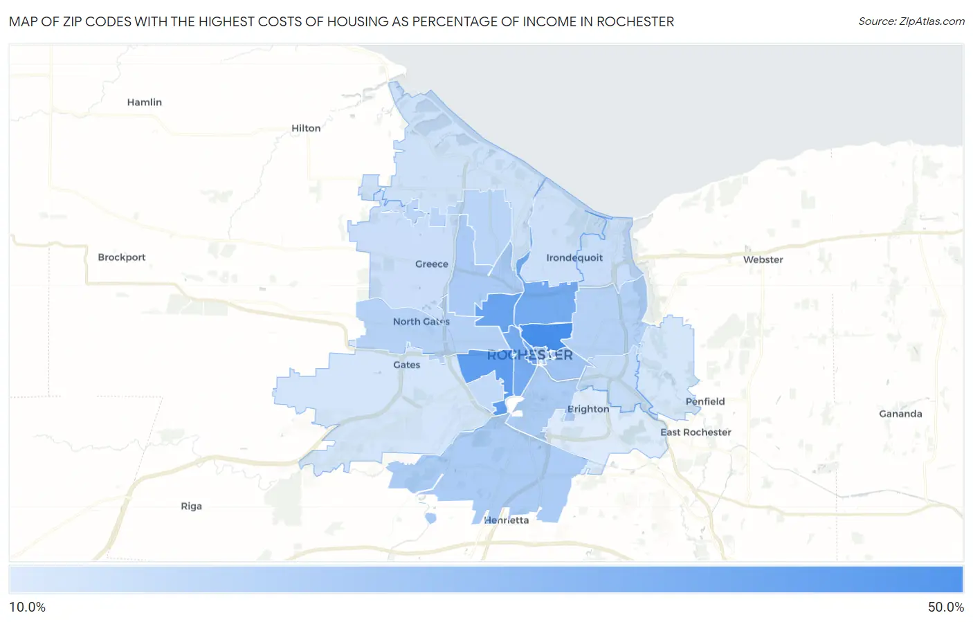 Zip Codes with the Highest Costs of Housing as Percentage of Income in Rochester Map
