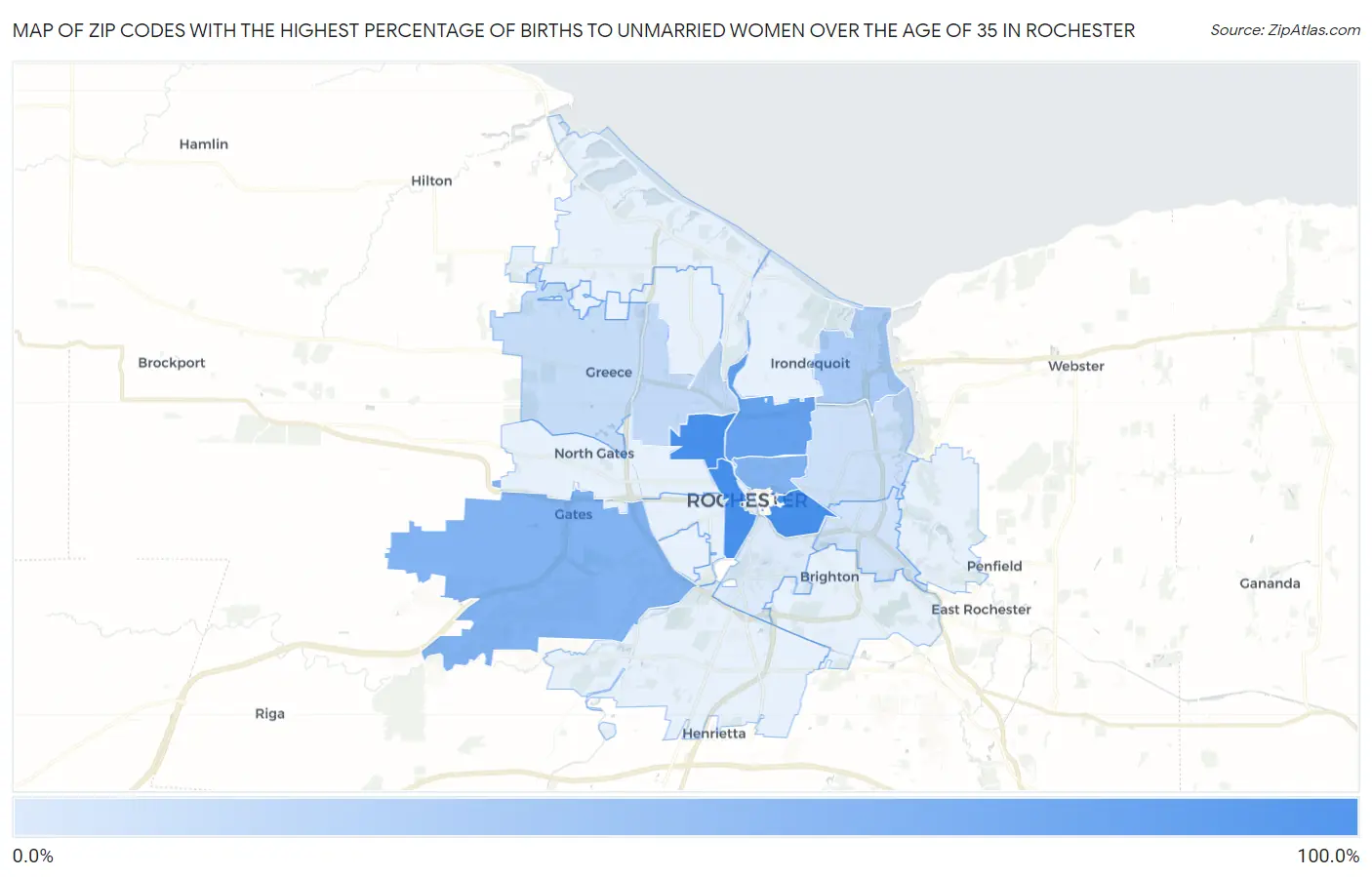 Zip Codes with the Highest Percentage of Births to Unmarried Women over the Age of 35 in Rochester Map
