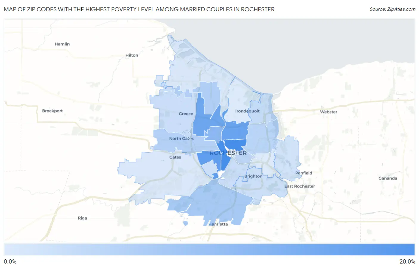 Zip Codes with the Highest Poverty Level Among Married Couples in Rochester Map