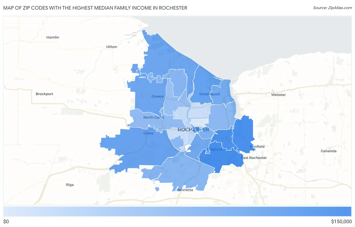 Zip Codes with the Highest Median Family Income in Rochester Map