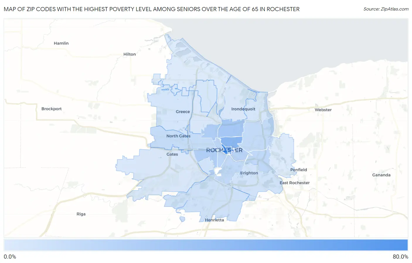 Zip Codes with the Highest Poverty Level Among Seniors Over the Age of 65 in Rochester Map