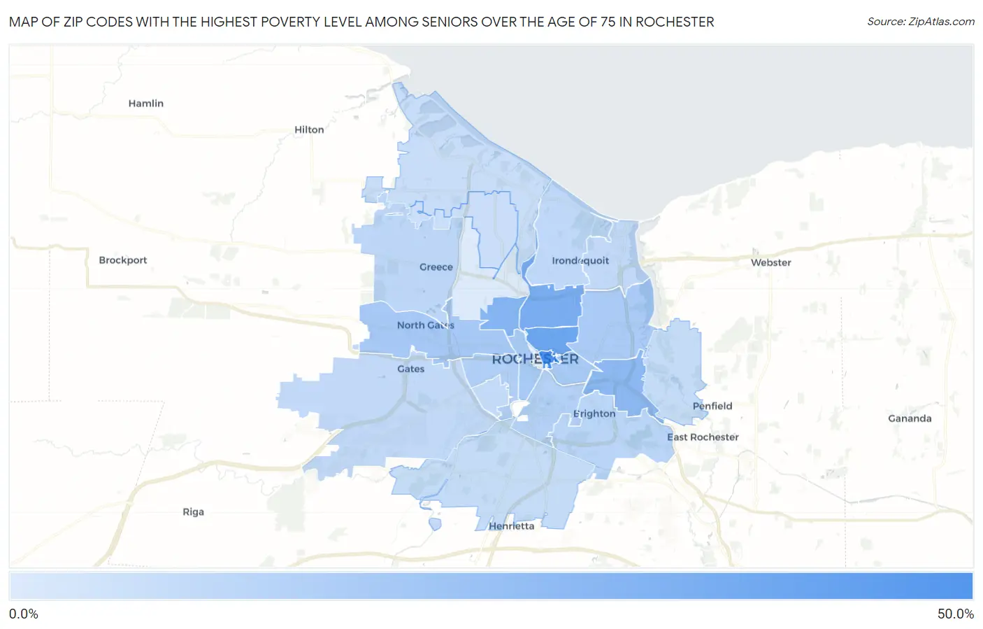 Zip Codes with the Highest Poverty Level Among Seniors Over the Age of 75 in Rochester Map