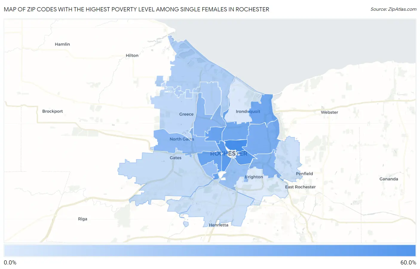 Zip Codes with the Highest Poverty Level Among Single Females in Rochester Map
